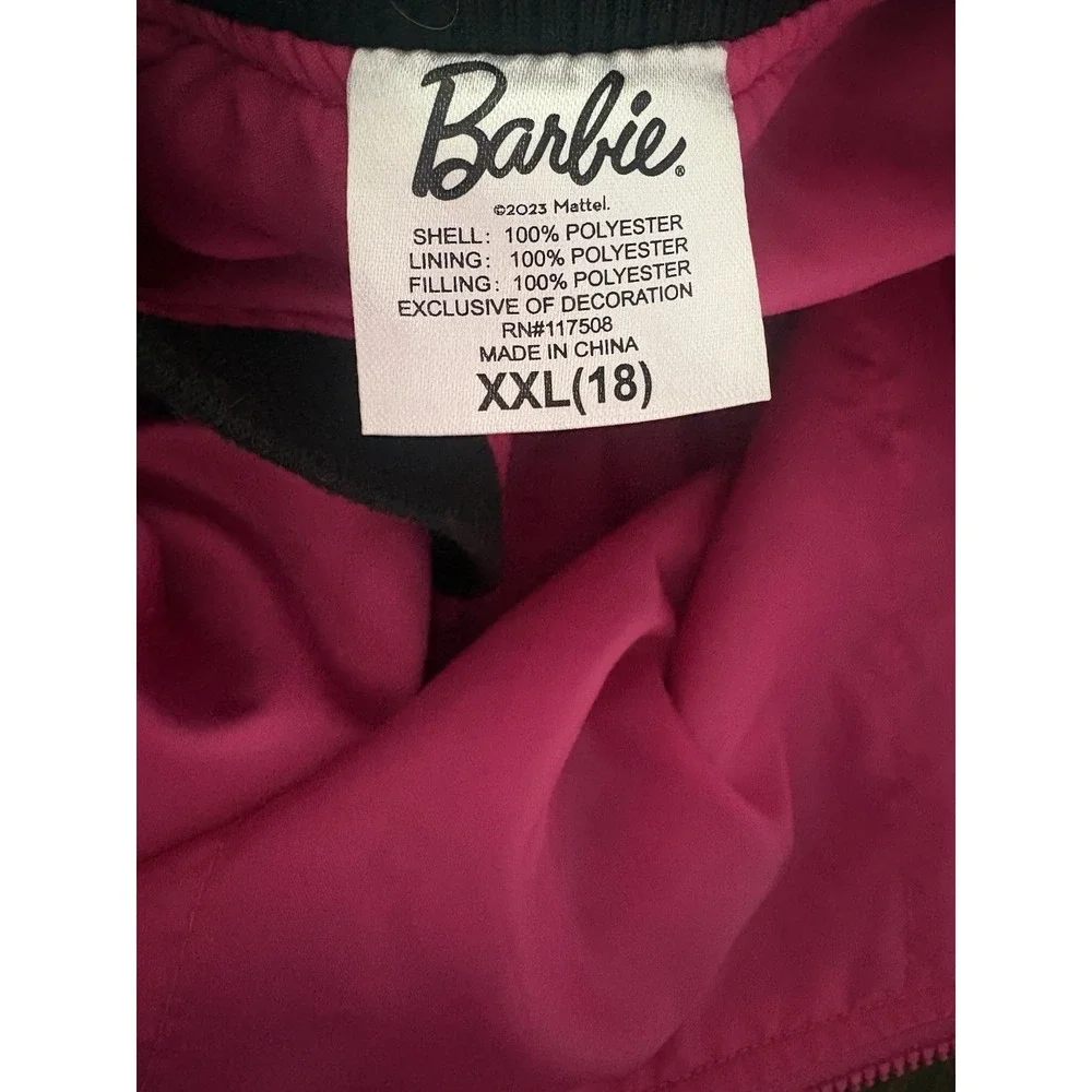 Barbie Limited Edition Bomber Jacket Pink Black Satin Graphic Print Youth XXL 18